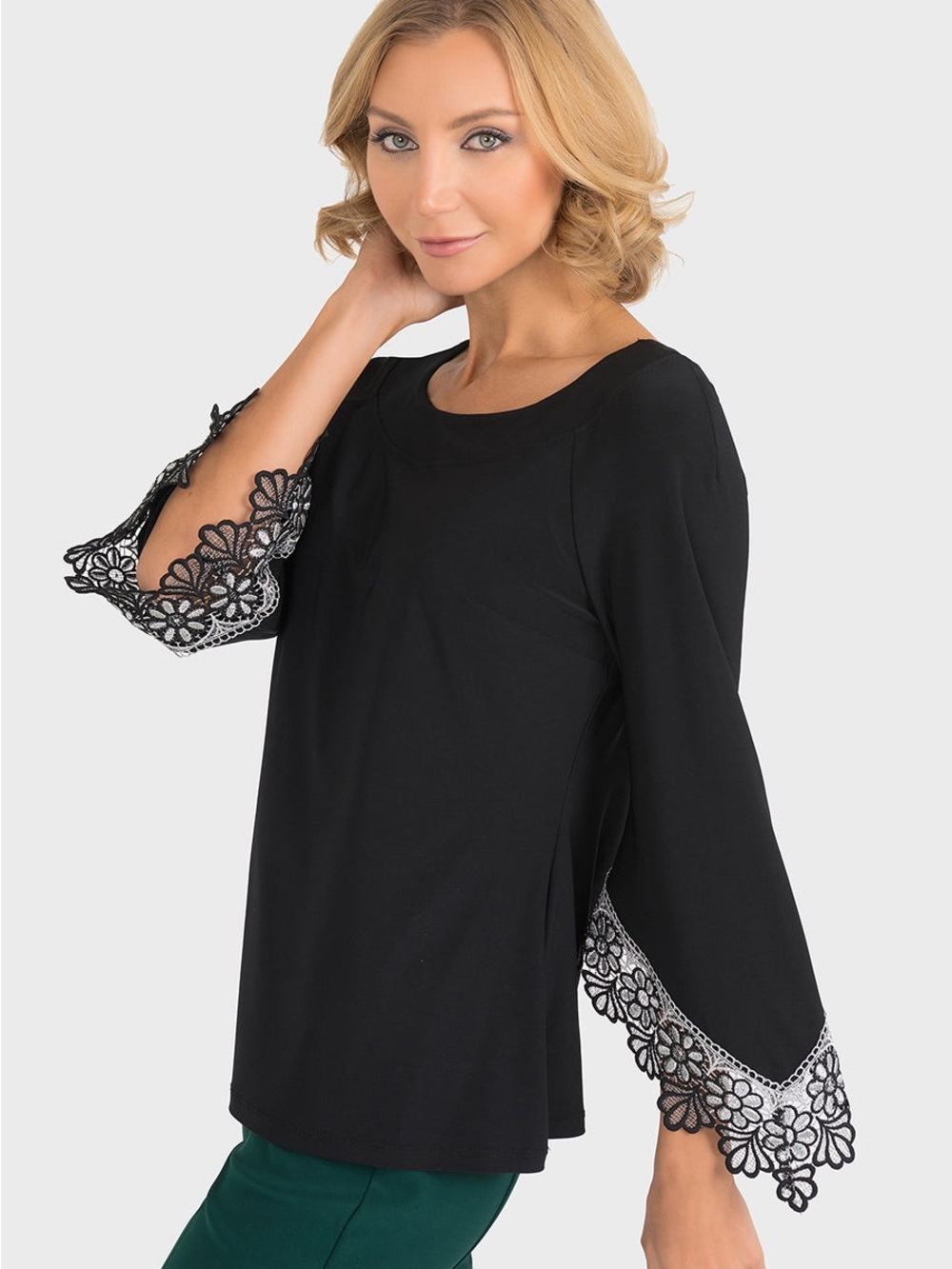Joseph Ribkoff Black Long-Sleeve Top with Floral Lace Cuffs